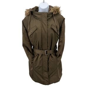 Old Navy Fur Hood Parka Puffer Jacket XS Army Green Zip Up Belted Winter Coat